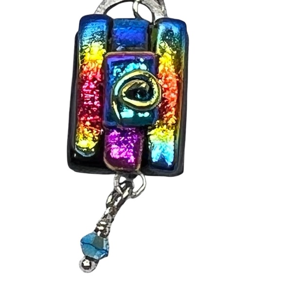 FUSED DICHROIC GLASS Multicolored Hand Crafted Artsy Dangle Earrings - Picture 9 of 13